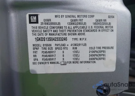 2004 GMC Envoy Slt from USA, damaged, VIN 1GKDS13S042333246